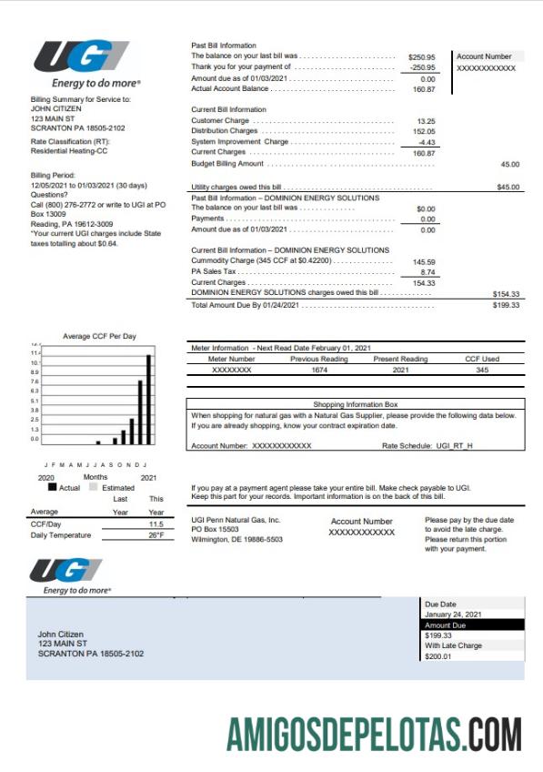 imprimível Modelo de conta de serviços públicos UGI da Pensilvânia nos EUA em formato Word e PDF